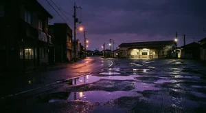 雨上がりの夜の街路と濡れたアスファルトに反射する光が生むデジャブと予知夢のイメージ