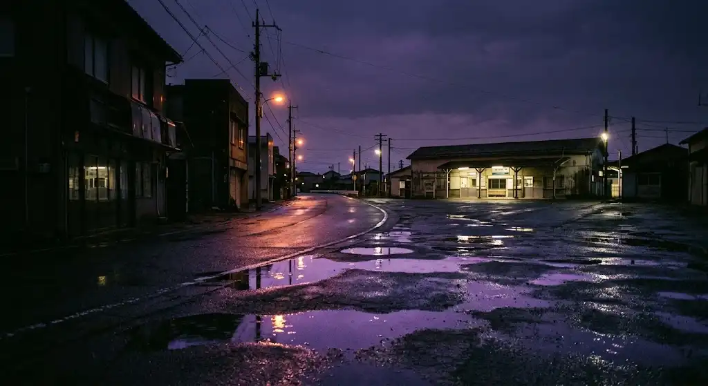 雨上がりの夜の街路と濡れたアスファルトに反射する光が生むデジャブと予知夢のイメージ
