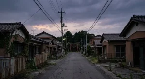 夕暮れの寂れた町並みと静まり返った鳥居を描く広大な引きの風景