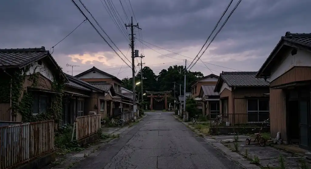 夕暮れの寂れた町並みと静まり返った鳥居を描く広大な引きの風景