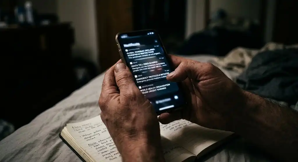 薄暗い寝室でスマートフォンを見つめる人物の手元と波打つ液晶の超近接撮影