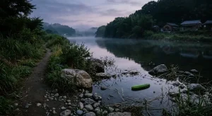 薄暗い夕暮れの静かな川辺と水面に浮かぶ新鮮なキュウリの遠景
