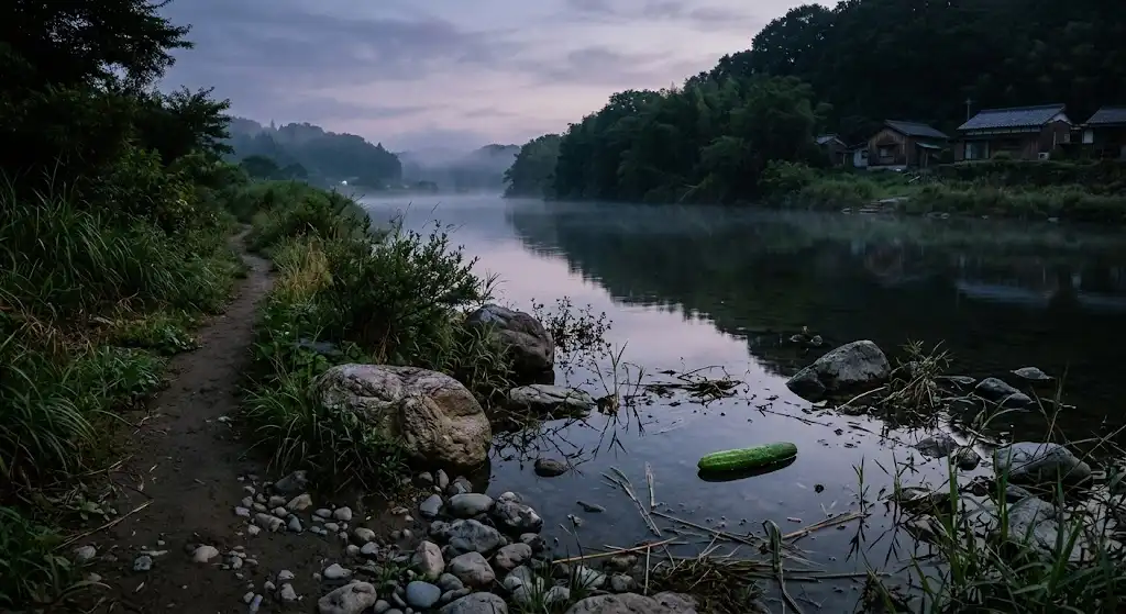 薄暗い夕暮れの静かな川辺と水面に浮かぶ新鮮なキュウリの遠景