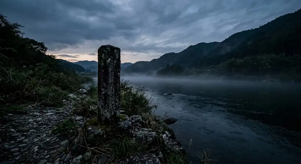 夕暮れ時の静かな川の淵と古びた石碑が佇む水辺の遠景