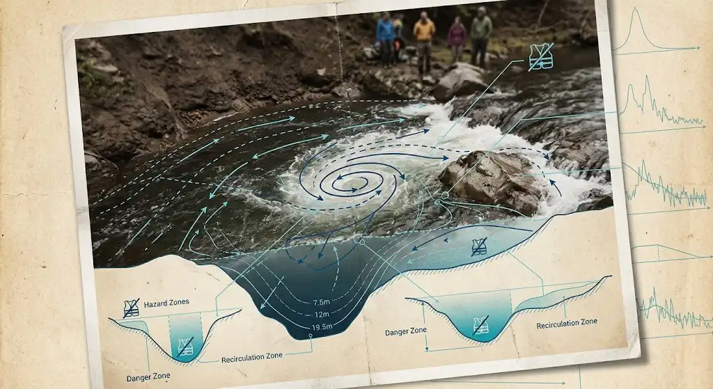 川の複雑な水流と水深地形を示す図解オーバーレイ