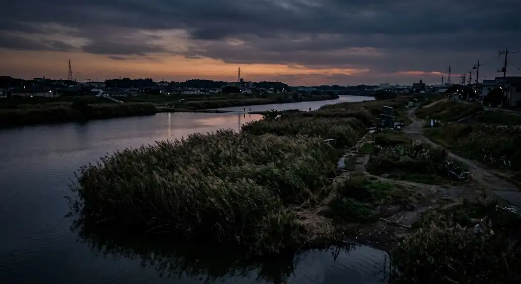 夕暮れ時の静けさに包まれた河川敷と薄暗い水面を描く河童伝承の背景イメージ