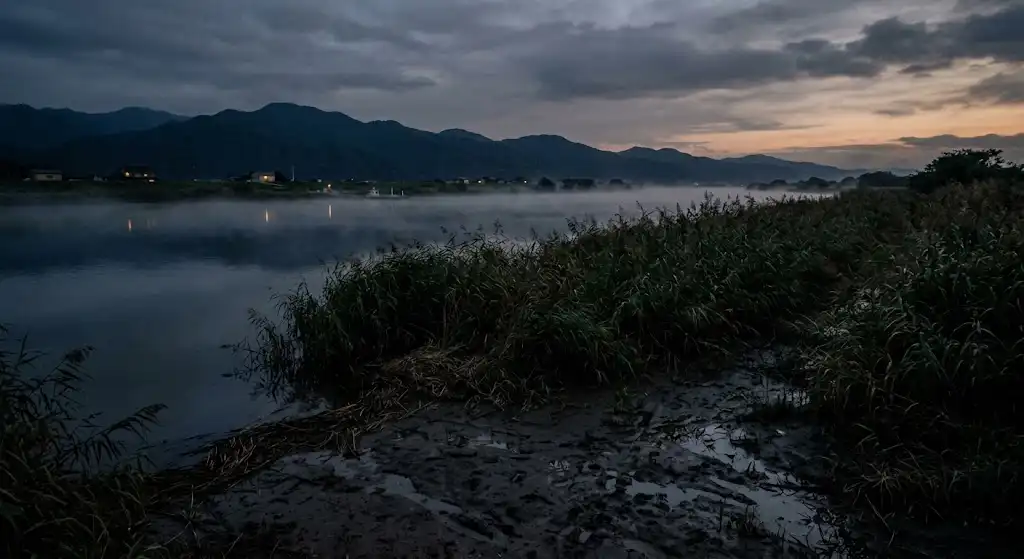 夕暮れの湿った河原と薄暗い川面が広がる哀愁と不穏の混ざる遠景