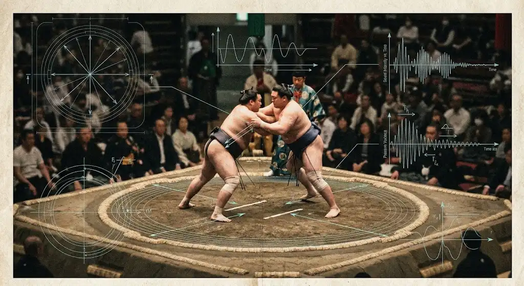 和紙の背景に神事相撲の力学や波紋を幾何学線で描いた学術的図面