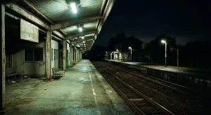 誰もいない深夜の駅のホームを捉えた遠景写真。予知夢の情景を象徴する静謐な空間。