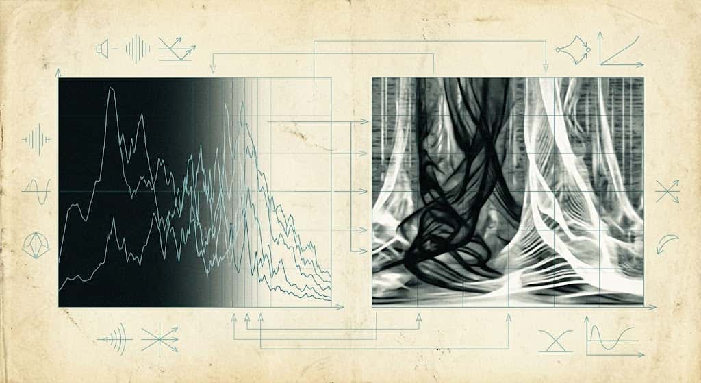 和紙の上に幾何学模様とシアン色の幾何学線で重ねられた色彩と伝承の分析図