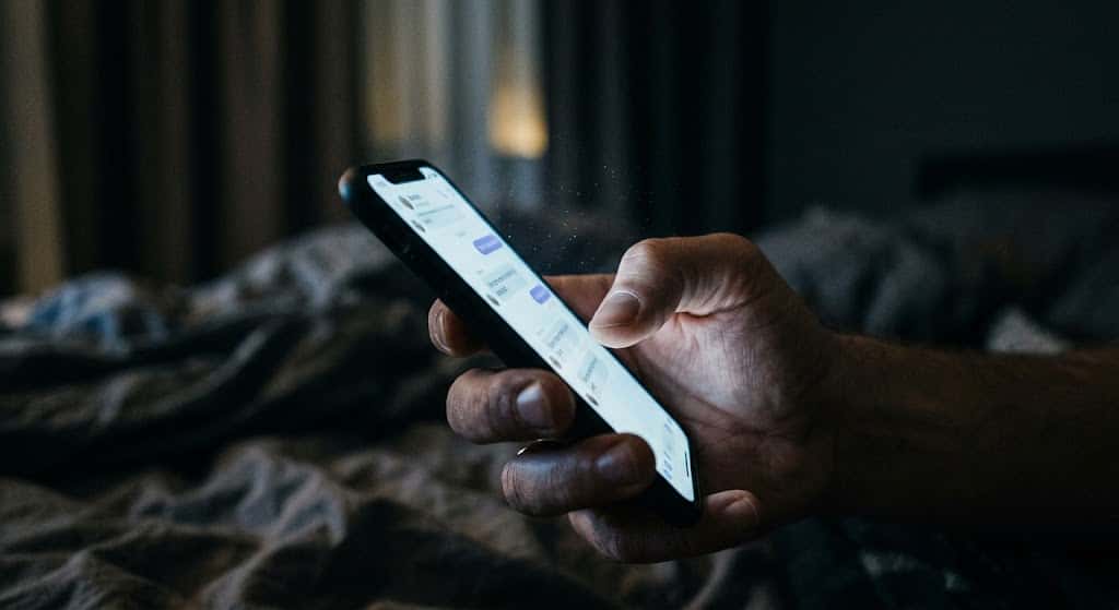 深夜にベッドの中でスマートフォンを操作し夢占いを検索する手元