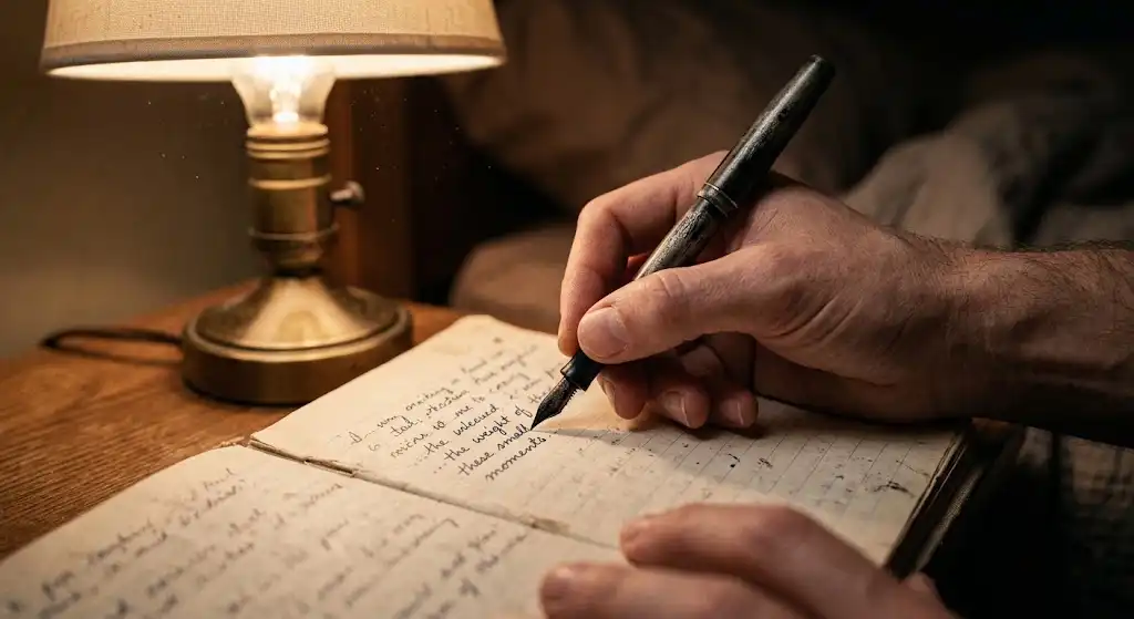 枕元の古いノートに夢の記録を手書きで書き留める体験者の手元